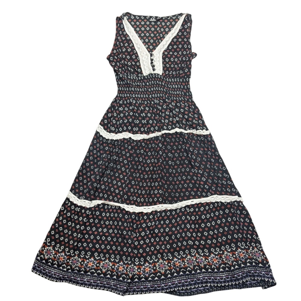 S.R. Fashion Maxi Dress Womens Medium Black Boho Lace Trim Smocked Tiered Rayon
